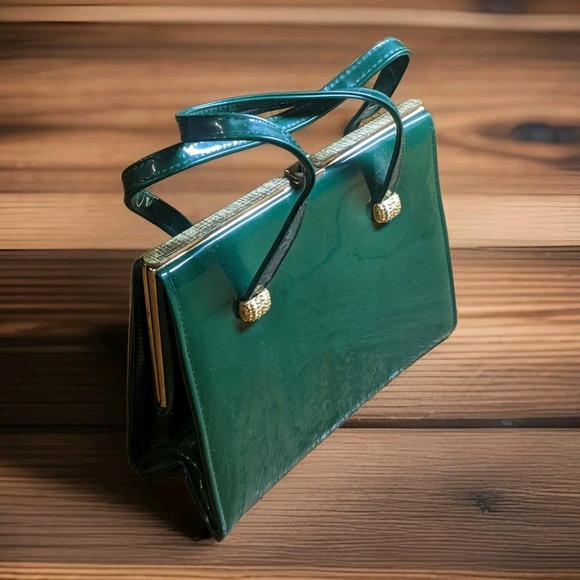 VTG Julius Resnick Emerald Green Pattent Leather Frame Lock Purse Handbag‎ 9x7x4 - Picture 1 of 15